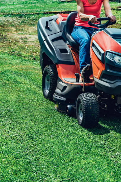 istock Woman cutting grass with a ride-on lawnmower 1144405079