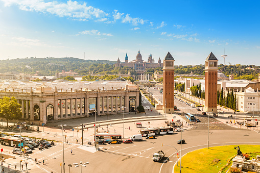 Cityscape view of Placa d'Espanya or Spain square, with the Venetian Towers. Travel destination concept