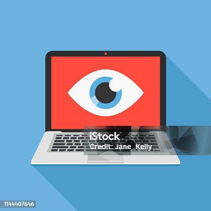 istock Laptop and eye icon. Internet surveillance, spyware, computer is watching you concepts. Flat design. Vector illustration 1144407646