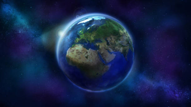 The day half of the Earth from space showing Africa, Europe and Asia. Realistic Earth from space showing Africa, Europe and Asia. The day half of the Globe. earth atmosphere stock illustrations