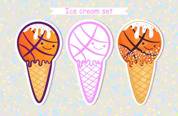 Vector illustration of Collection of cute ice cream. Summer illustration for basketball. Sports Print for children's T-shirts, for design birthday, party. Kawaii vector set, sweet sticker.