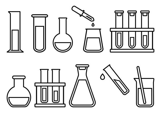 chemische geräte, chemische flaschen. vektorabbildung - glaskolben stock-grafiken, -clipart, -cartoons und -symbole