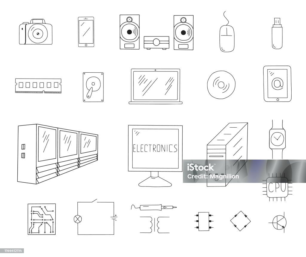 Digital Doodles Set Electronics Doodles Set. Vector illustration. Hard Drive stock vector