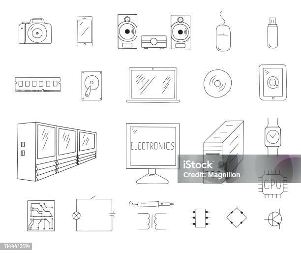 Digital Doodles Set Stock Illustration - Download Image Now - Hard Drive, Drawing - Activity, Icon Symbol