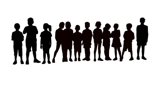 children together, waiting in line silhouette vector children together, waiting in line silhouette vector line of people holding hands stock illustrations