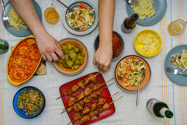 istock Flat lay, dining table, side dish, kebabs, steak, frame, grill, health, barbecue, grill, rustic, served, snack, space 1144413291