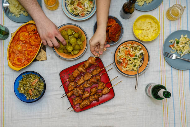 istock Flat lay, dining table, side dish, kebabs, steak, frame, grill, health, barbecue, grill, rustic, served, snack, space 1144413373