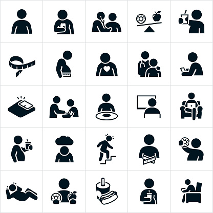A set of overweight and obesity icons. The icons show several people who are overweight or obese. Some of the icons show these individuals overeating, drinking soda, eating a doughnut, being lazy, watching television, sitting at computer, eating junk-food and living sedentary lifestyles.