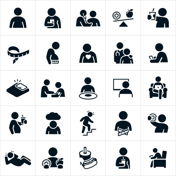 Obesity Icons A set of overweight and obesity icons. The icons show several people who are overweight or obese. Some of the icons show these individuals overeating, drinking soda, eating a doughnut, being lazy, watching television, sitting at computer, eating junk-food and living sedentary lifestyles. lazy stock illustrations