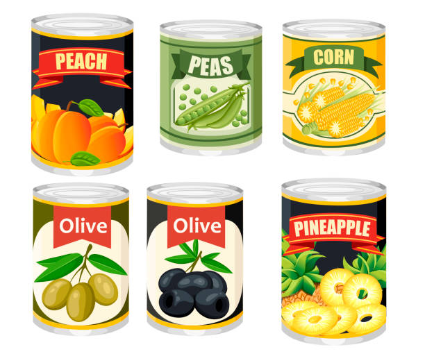 kolekcja kolorowych ikon jedzenie w aluminiowej puszce. owoce i oliwki w puszkach. produkt dla supermarketów i sklepów. płaska ilustracja wektorowa odizolowana na tle - canned food stock illustrations