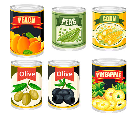 Colored icon collection Food in aluminum can. Canned fruits and olives. Product for supermarket and shop. Flat vector illustration isolated on background.