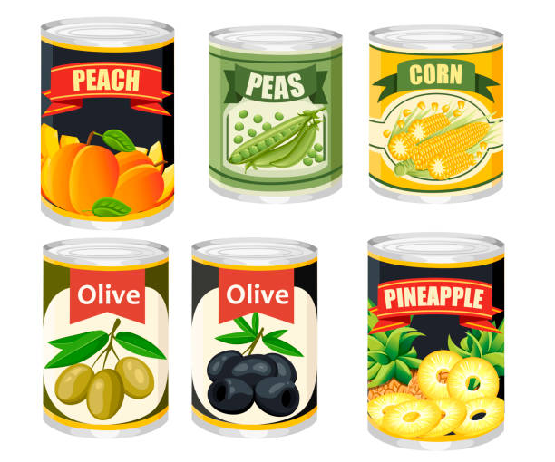 Colored icon collection Food in aluminum can. Canned fruits and olives. Product for supermarket and shop. Flat vector illustration isolated on background Colored icon collection Food in aluminum can. Canned fruits and olives. Product for supermarket and shop. Flat vector illustration isolated on background. canned food stock illustrations