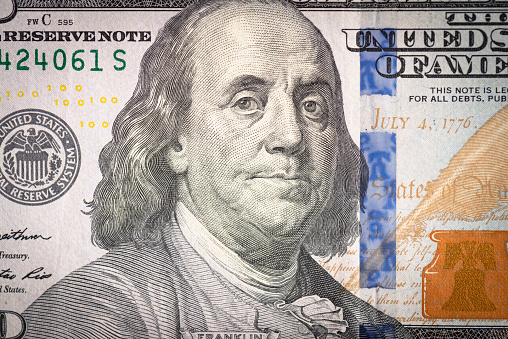 Closeup view of one hundred dollar bill.