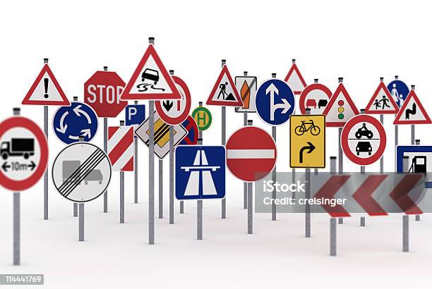 Traffic Signs With Selective Focus Stock Photo - Download Image Now - Roundabout Sign, Autobahn, Chaos