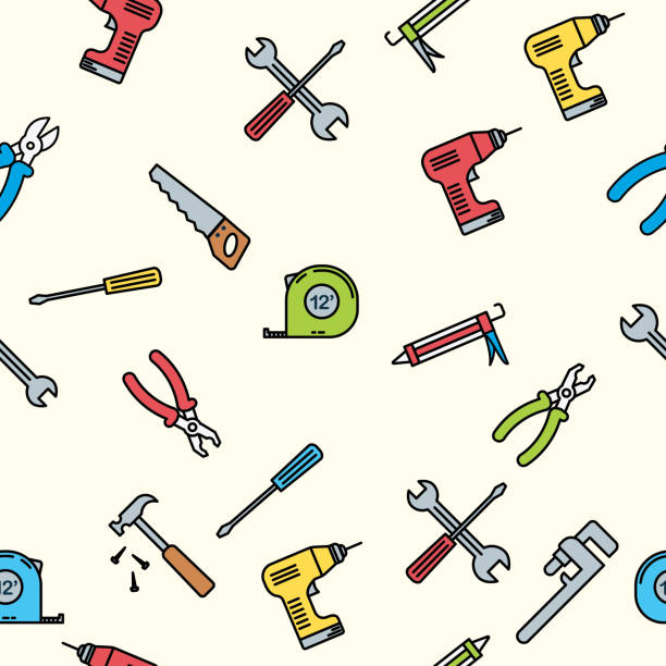 dünne linie home verbessert diy-hintergrundmuster - home improvement hammer saw work tool stock-grafiken, -clipart, -cartoons und -symbole