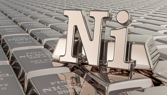Nickel ingots background with Ni symbol. 3D rendering