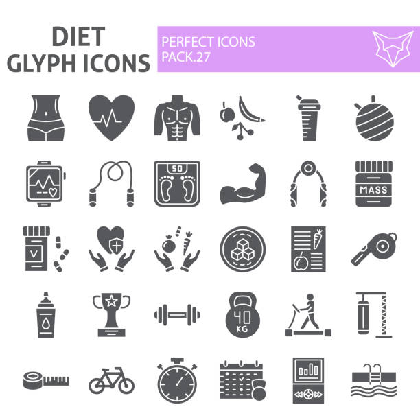 diät-glyph-symbol set, sportsymbole sammlung, vektorskizzen, logo-illustrationen, fitness-zeichen solides piktogramm-paket isoliert auf weißem hintergrund. - möhre grafiken stock-grafiken, -clipart, -cartoons und -symbole