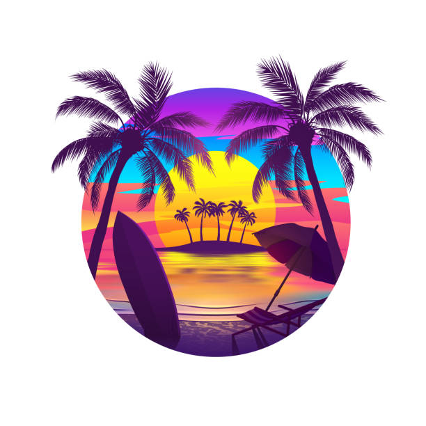 Tropical Beach at Sunset with Island Tropical beach at sunset with palm trees, chaise longue, surfboard and island on the horizon. Vector illustration of EPS10 with bright colors. sunset illustrations stock illustrations