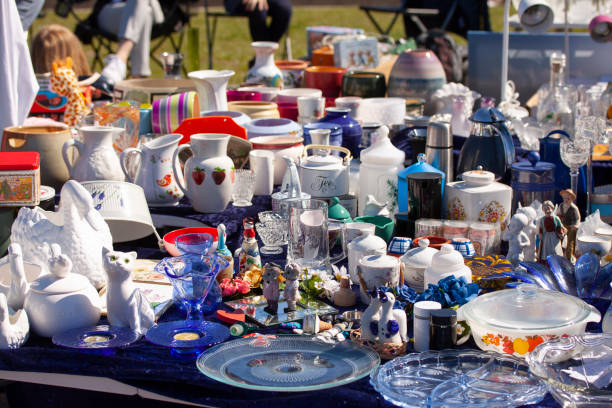 istock Scene from weekend flea market. Shopping objects at flea market is a popular hobby. 1144420599