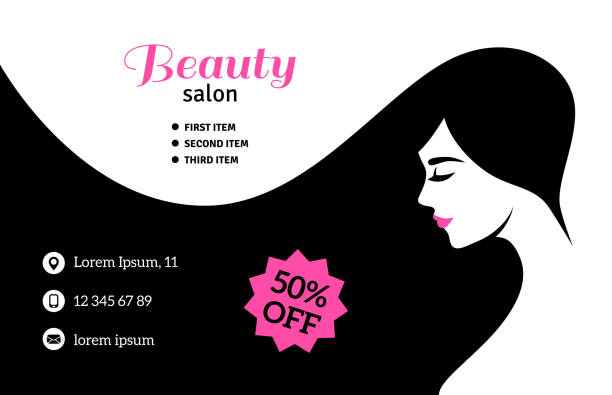 Fashion Woman card template Black and White Flyer Template, Fashion Woman with Long Hair. Vector Illustration. Girl Silhouette with Pink accents discount coupon template silhouette stock illustrations