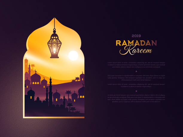 Ramadan Kareem window at sunset Ramadan Kareem concept with arab city in window and place for text. Beautiful sunset sky and traditional lantern. Banner or greeting card with buildings temple, mosque and palms hajj stock illustrations