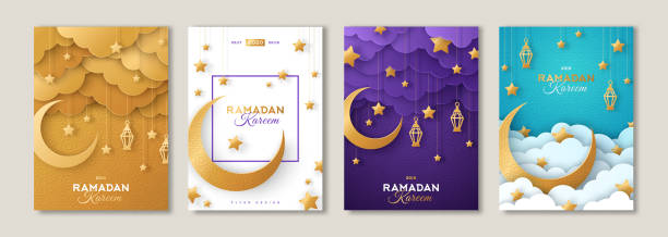 Ramadan posters set with moon Ramadan Kareem set of posters or invitations design with 3d paper cut islamic lanterns, stars and moon on gold and violet background. Vector illustration. Place for text hari raya light stock illustrations
