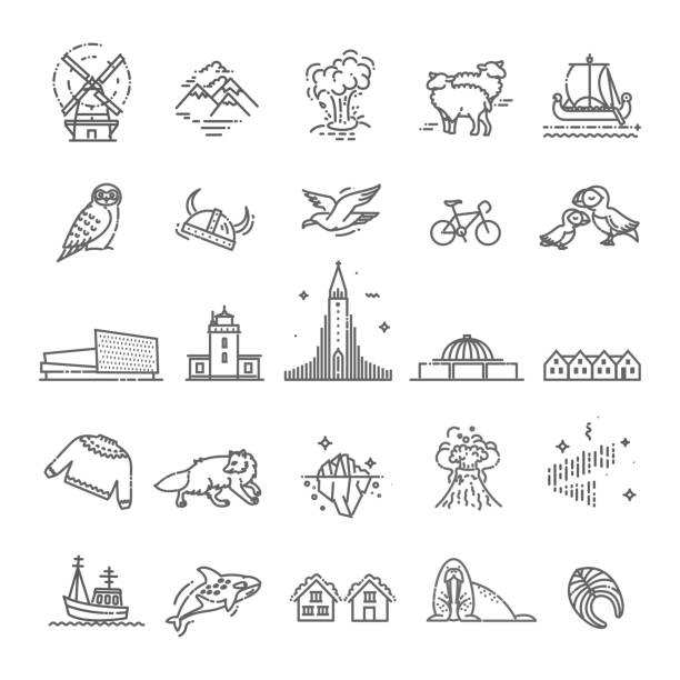 исландские иконы. туризм и достопримечательности, тонкая линия дизайна - гейзер stock illustrations