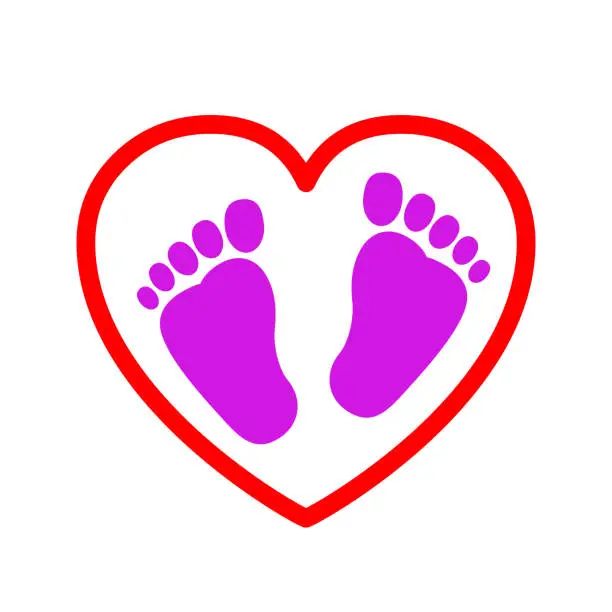 Vector illustration of Baby footprints in heart icon - vector