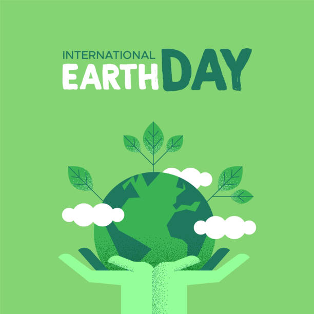 Earth Day card of human hands holding green planet International Earth Day illustration of green human hands holding planet with leaves. Social environment care awareness concept. how to save environment stock illustrations