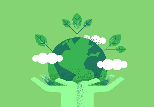 Human hands holding planet earth with green leaves for eco friendly concept. Environment care or nature help illustration.