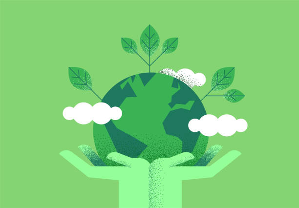Hands holding planet earth for environment care Human hands holding planet earth with green leaves for eco friendly concept. Environment care or nature help illustration. environment day stock illustrations