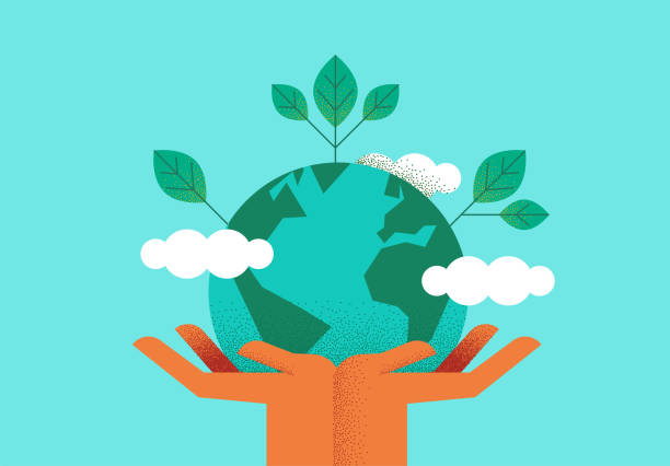Hands holding planet earth for environment care Human hands holding planet earth with green leaves for eco friendly concept. Environment care or nature help illustration. how to save environment stock illustrations
