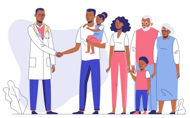 illustrazioni stock, clip art, cartoni animati e icone di tendenza di concetto di medico di famiglia con pazienti etnici. consulenza e diagnosi in ospedale. - women african descent old american culture