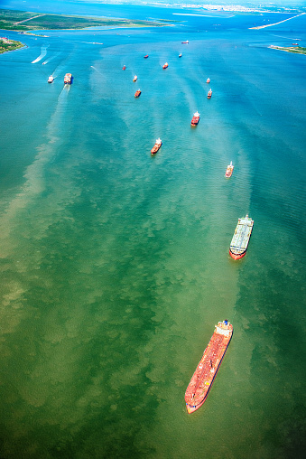 Oil Tankers within Galveston Bay approaching the refinery in Texas City, Texas located south of Houston near the city of Galveston, Texas.