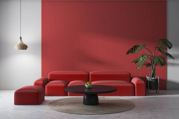 istock White and gray living room with red sofa 1144428146