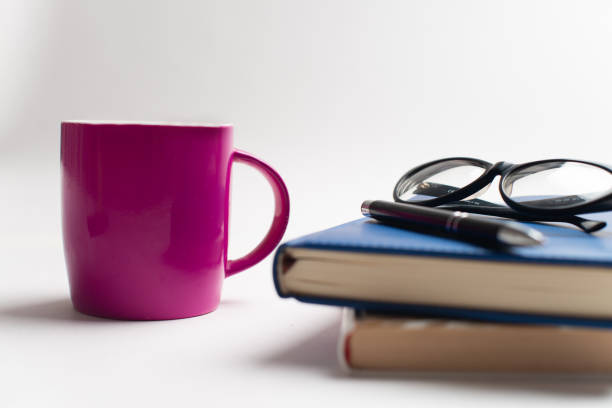 Notebook with glasses and pen, Book with glasses, Blue notebook with glasses, Book with cup of tea, working with glasses and pen, write to notebook