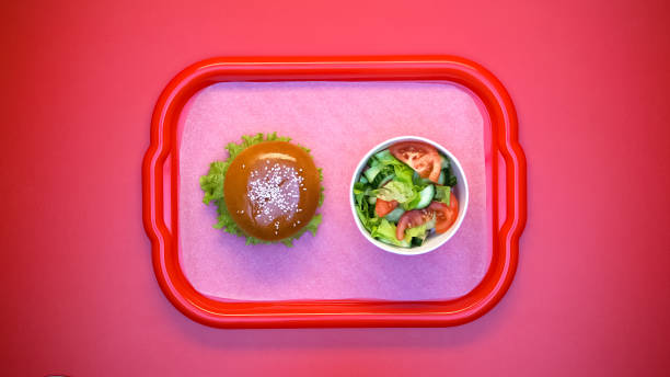 Hamburger and salad on plastic tray, student lunch in canteen, bright background