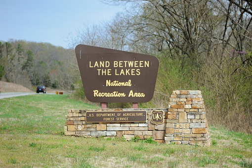 Murray, Kentucky, USA - April 6, 2019: Sign at the entrance to Land Between the Lakes National Recreation Area, located along Canton Road in Murray, Kentucky.