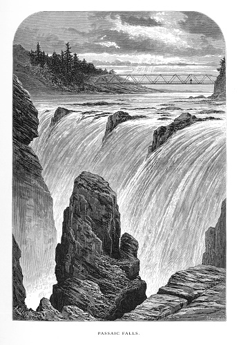 Very Rare, Beautifully Illustrated Antique Engraving of Passiac River Below Little Falls, New Jersey, United States, American Victorian Engraving, 1872.