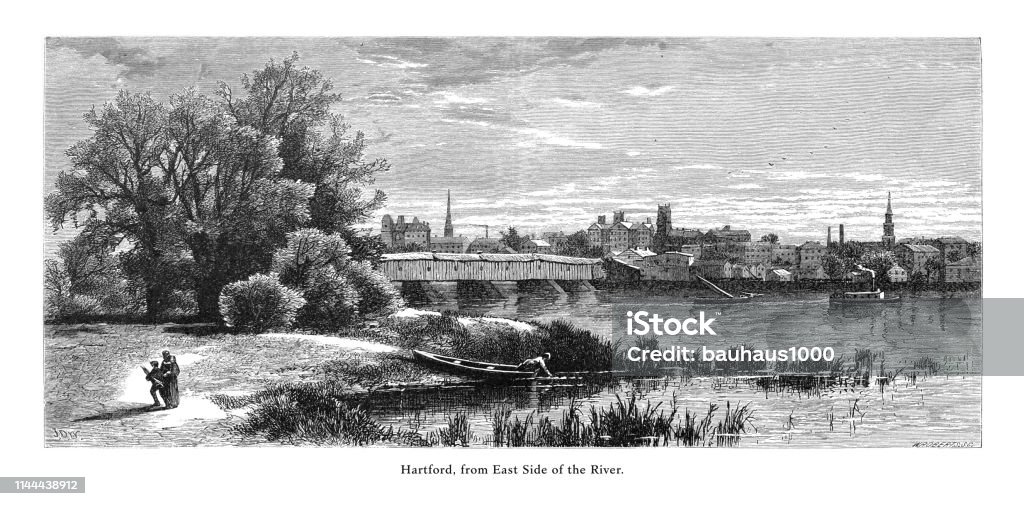 Hartford from the East Side of the Connecticut River, Valley of the Connecticut, Connecticut, United States, American Victorian Engraving, 1872 Very Rare, Beautifully Illustrated Antique Engraving of Hartford from the East Side of the Connecticut River, Valley of the Connecticut, Connecticut, United States, American Victorian Engraving, 1872. Etching stock illustration