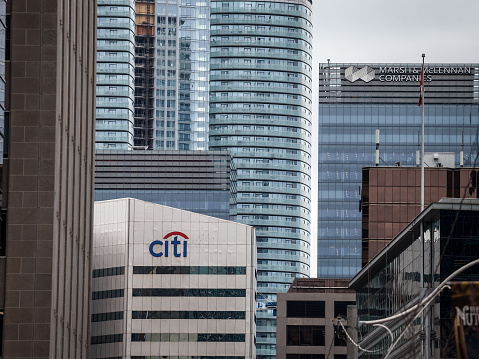 Picture of a sign with the logo of Citibank, in front of their headquarter for Toronto, Ontario, Canada. Citigroup, called as well Citi is an American multinational investment bank and financial services corporation headquartered in New York
