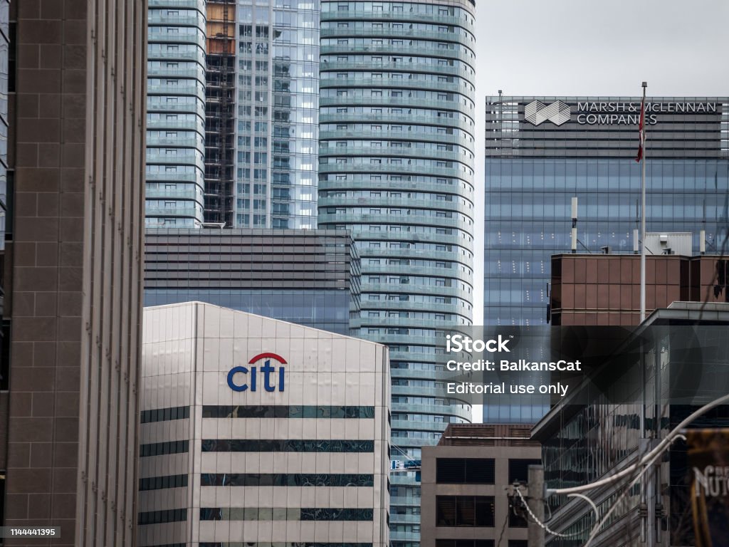 Logo of Citigroup on their main office in Toronto, Ontario, Quebec. Also called Citi, or Citibank, it is an American bank and financial institution Picture of a sign with the logo of Citibank, in front of their headquarter for Toronto, Ontario, Canada. Citigroup, called as well Citi is an American multinational investment bank and financial services corporation headquartered in New York Citigroup Stock Photo