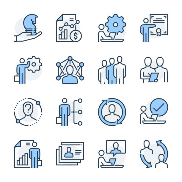 Human resources theme icon set Human resources theme icon set. The set is vector, colored and created on 64x64 grids. business plan stock illustrations