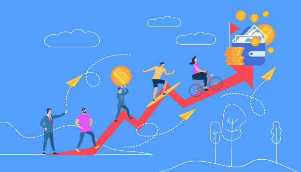 People Going Up to Money by Red Crooked Arrow People Going Up to Money and Wealth Target by Red Crooked Arrow Flown by Business Coach Man on Blue Background with Outline Nature. Trainer Teach Financial Literacy. Cartoon Flat Vector Illustration. watch cartoon gold illustration and painting stock illustrations