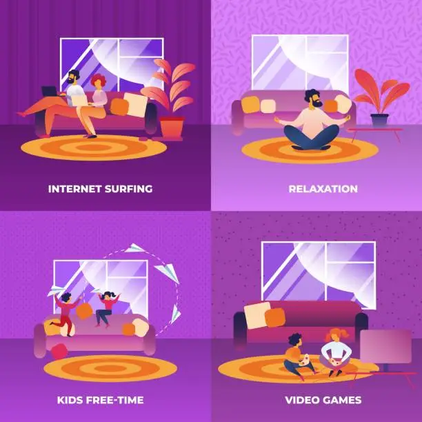 Vector illustration of Set Internet Surfing, Relaxation, Video Games.