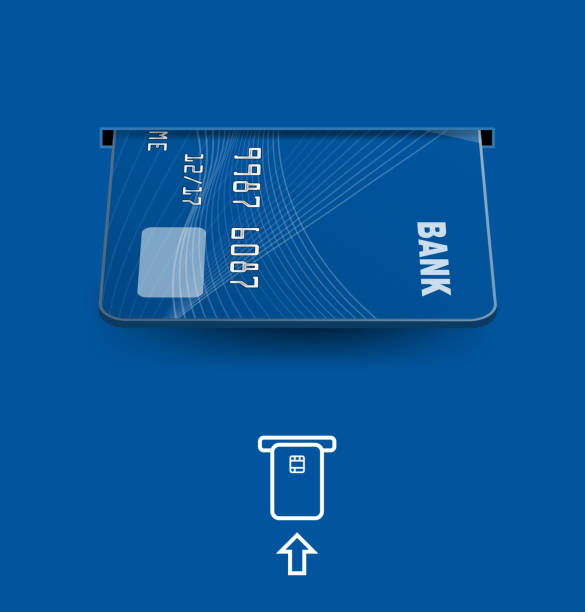 Credit cards in ATM on blue background. Vector illustration. Ready for your design. Vector illustration. Ready for your design. atm card insert stock illustrations