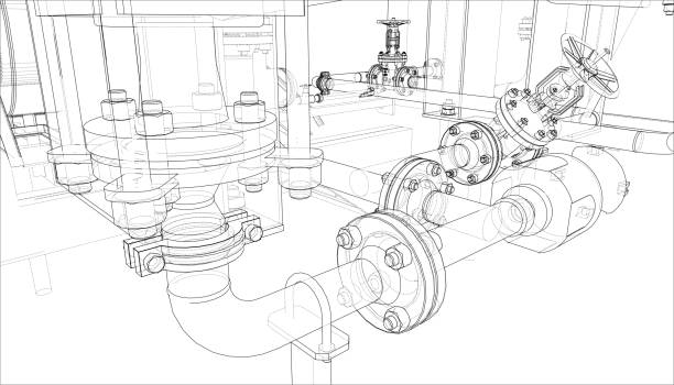 szkic sprzętu przemysłowego. wektor - pipeline pipe valve three dimensional shape stock illustrations