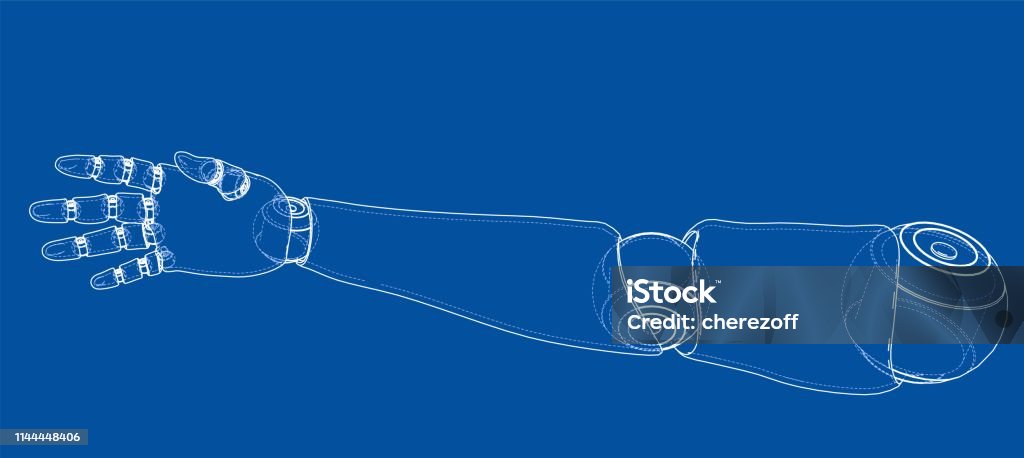 Robot hand outline. Vector rendering of 3d Robot hand outline. Vector rendering of 3d. Wire-frame style. The layers of visible and invisible lines are separated Arm stock vector