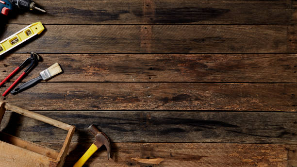 istock Empty chalkboard with many handy tools, on wooden background top view with copy space for text, 1144450568