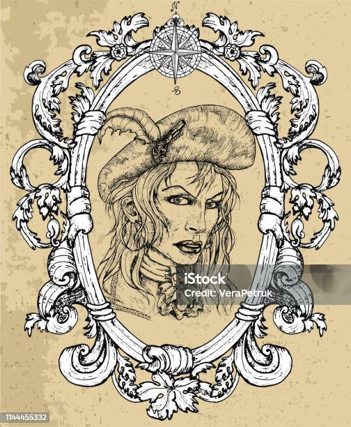 Portrait Of Beautiful Pirate Captain Woman In Hat On Texture Background Stock Illustration - Download Image Now